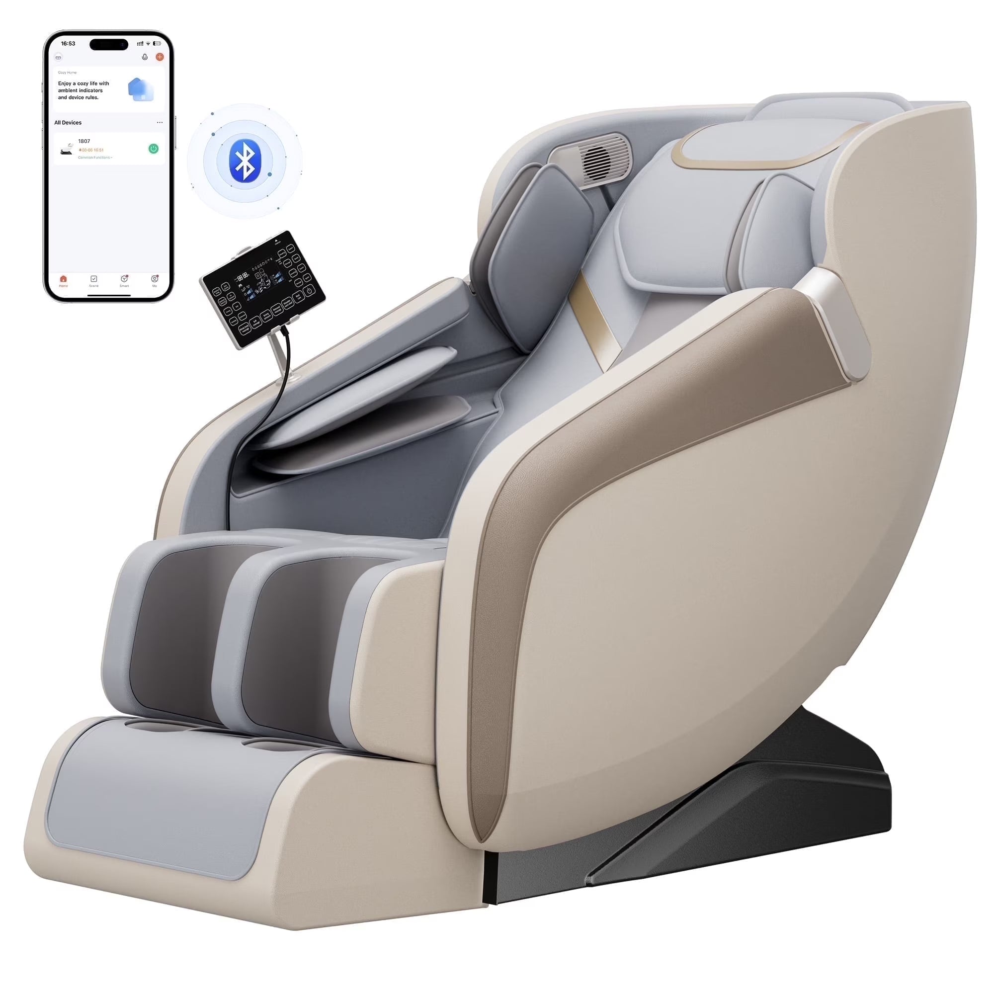4D Massage Chair Full Body, Zero Gravity Massage Chair with Heat and Foot Massage with Airbags, Kneading, Bluetooth, LCD Touch Control - Beige